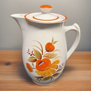 RareMCM White ceramic Lidded Pitcher Orange Flower 9.75” Tall Coffee Water Tea